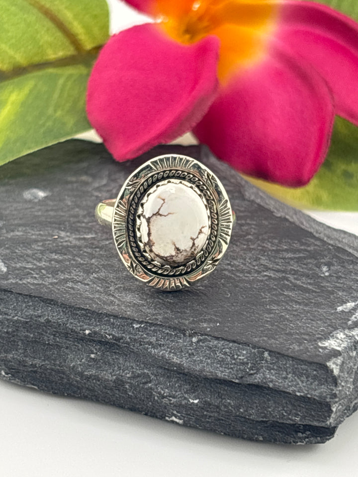 Round Wild Horse Jasper and 925 Sterling Silver Ring Size 7.25