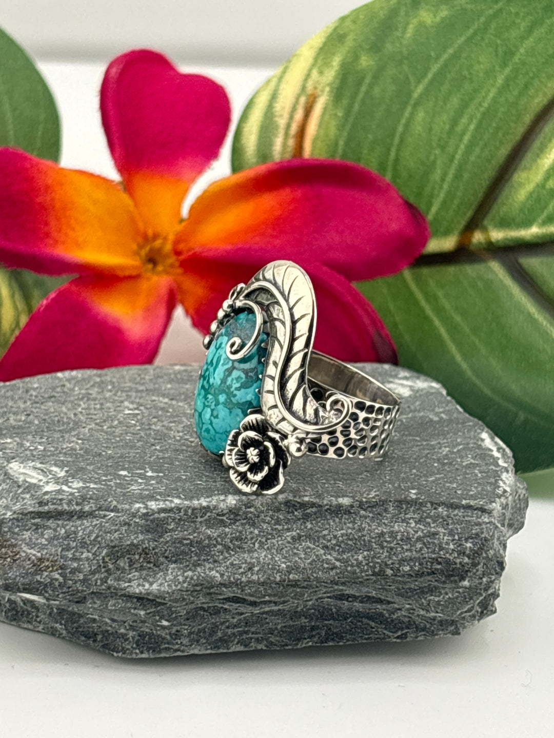Hubei Turquoise w/Floral Design Ring Size 7 Adjustable