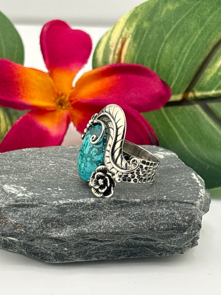 Hubei Turquoise w/Floral Design Ring Size 7 Adjustable
