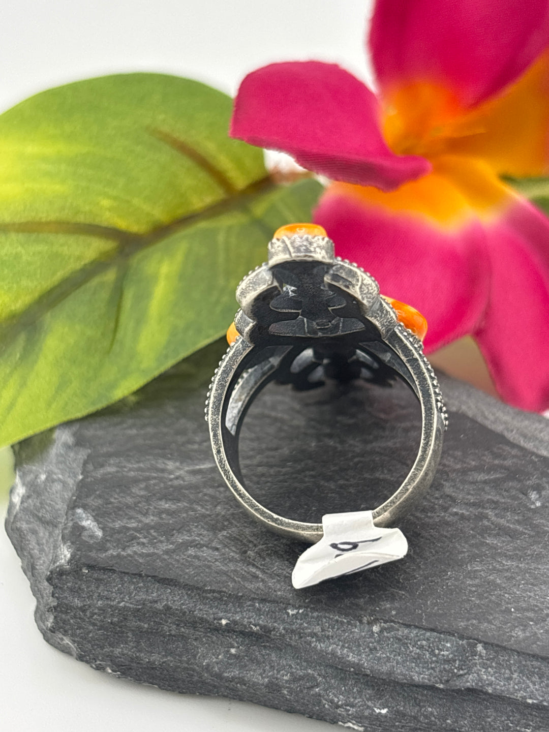 Orange Spiny oyster and 925 Sterling Silver Ring - Size 9