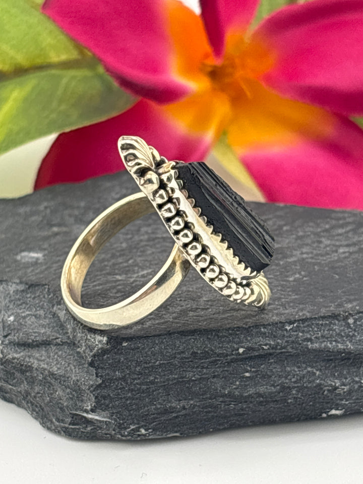 Raw Black Tourmaline and 925 Sterling Silver Ring Size 7