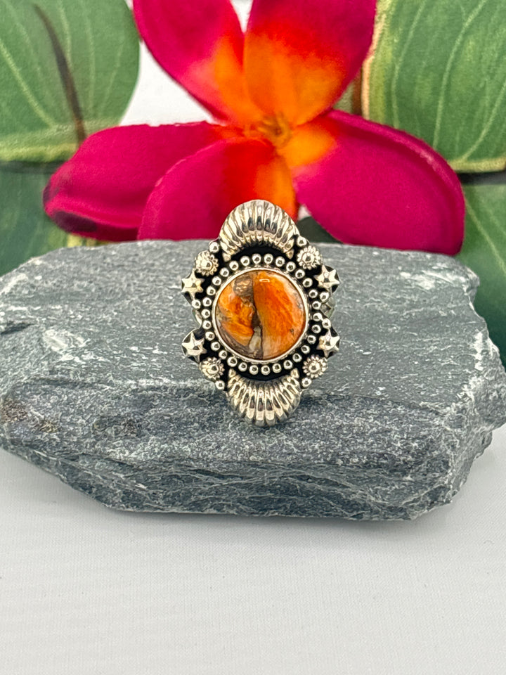 Spiny Oyster Copper Turquoise Ring Size 7