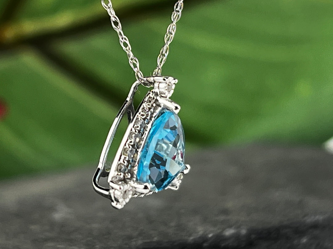 10K White Gold Blue Topaz and Diamond Necklace