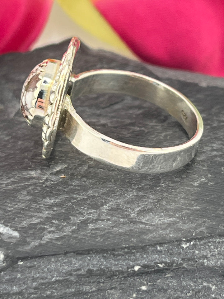 Round Wild Horse Jasper and 925 Sterling Silver Ring Size 8