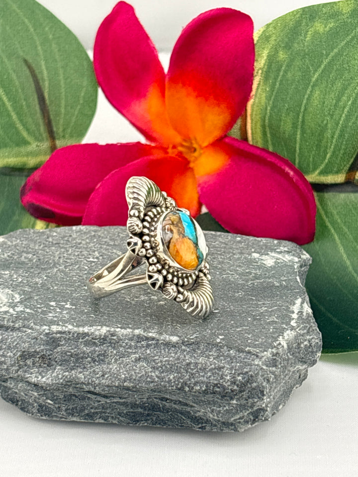 Spiny Oyster Copper Turquoise Ring Size 7