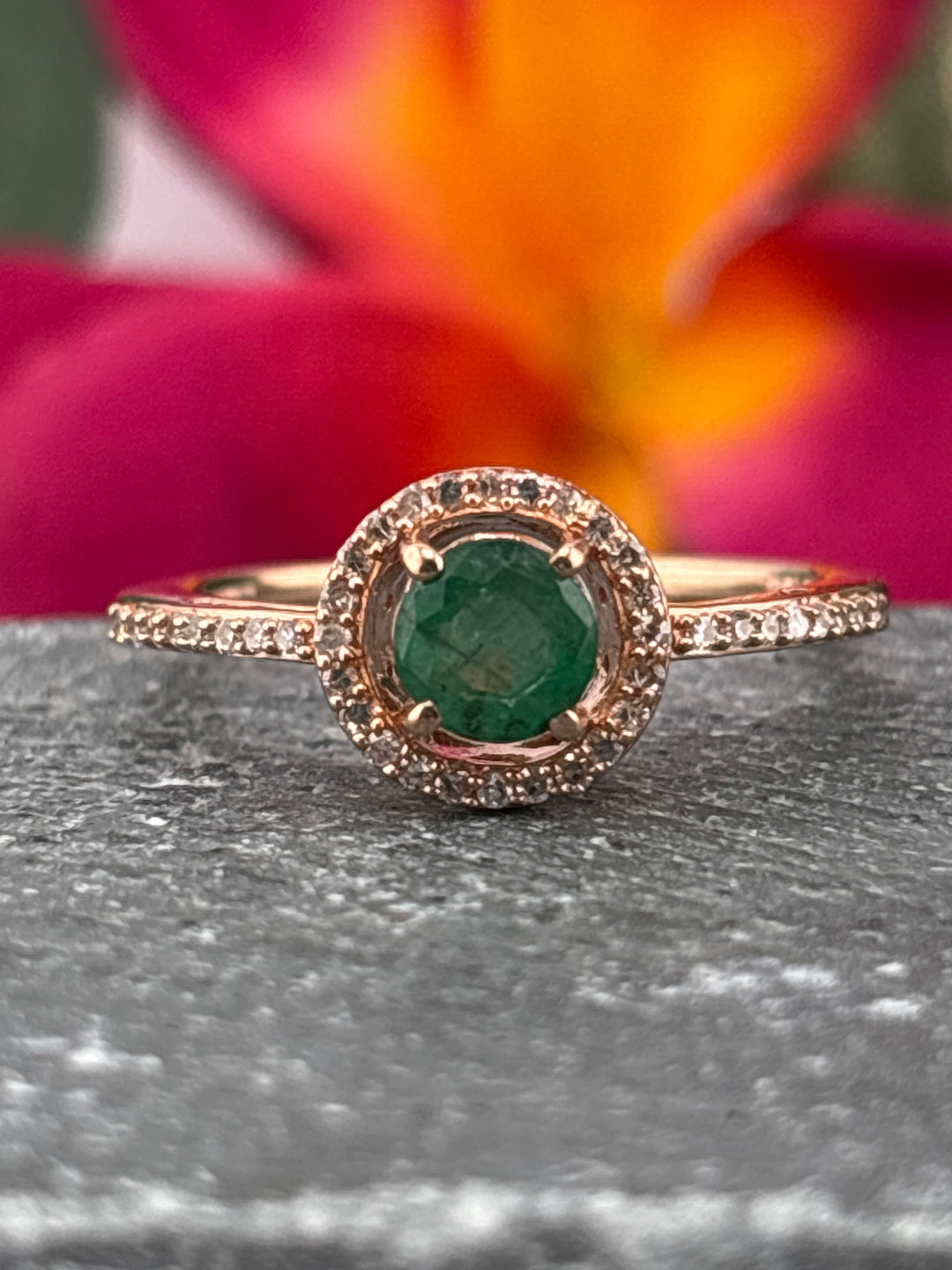 10k Rose Gold, Natural Diamond and Emerald Ring Size 7