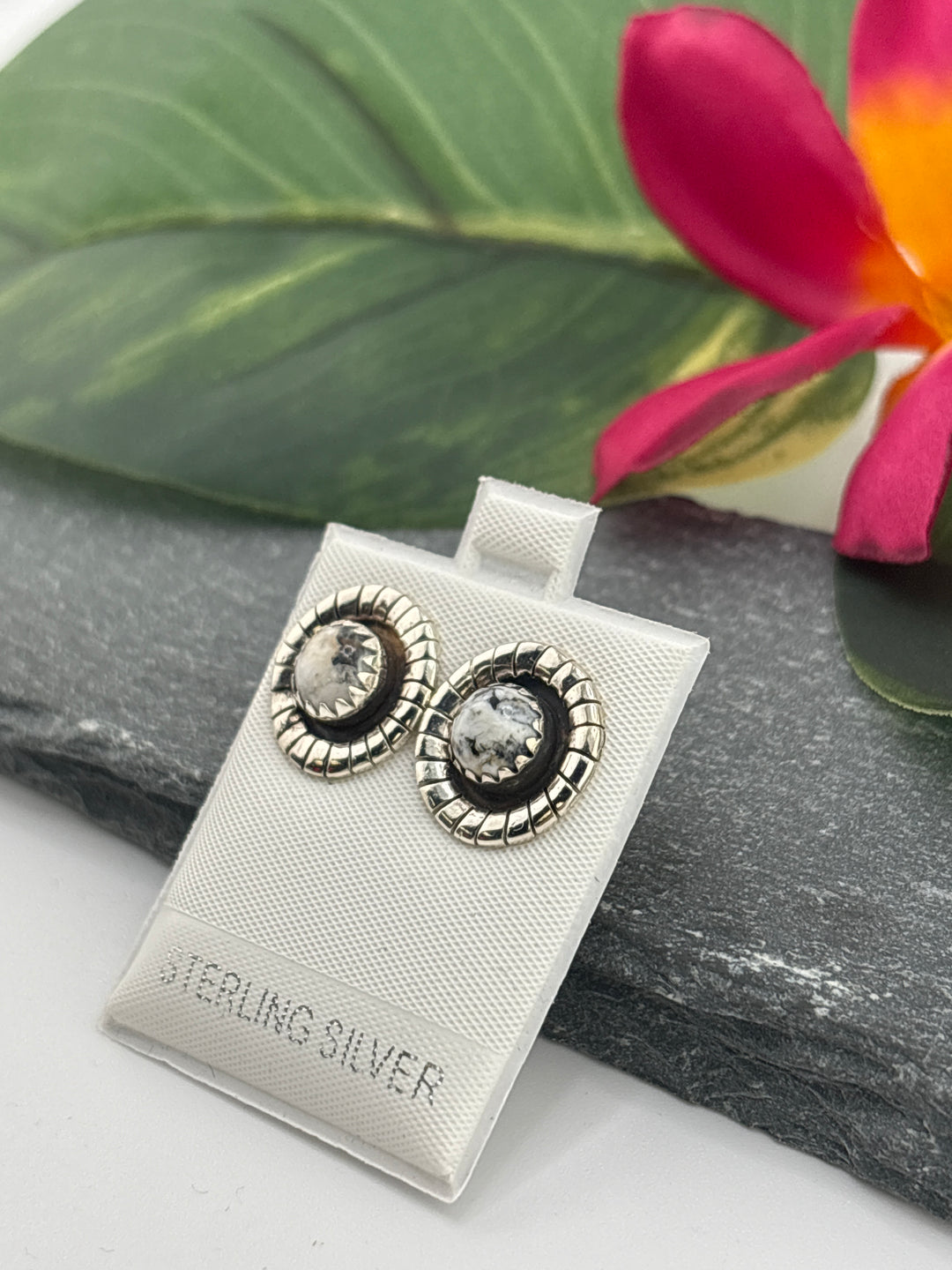 White Buffalo Round Stud Earrings