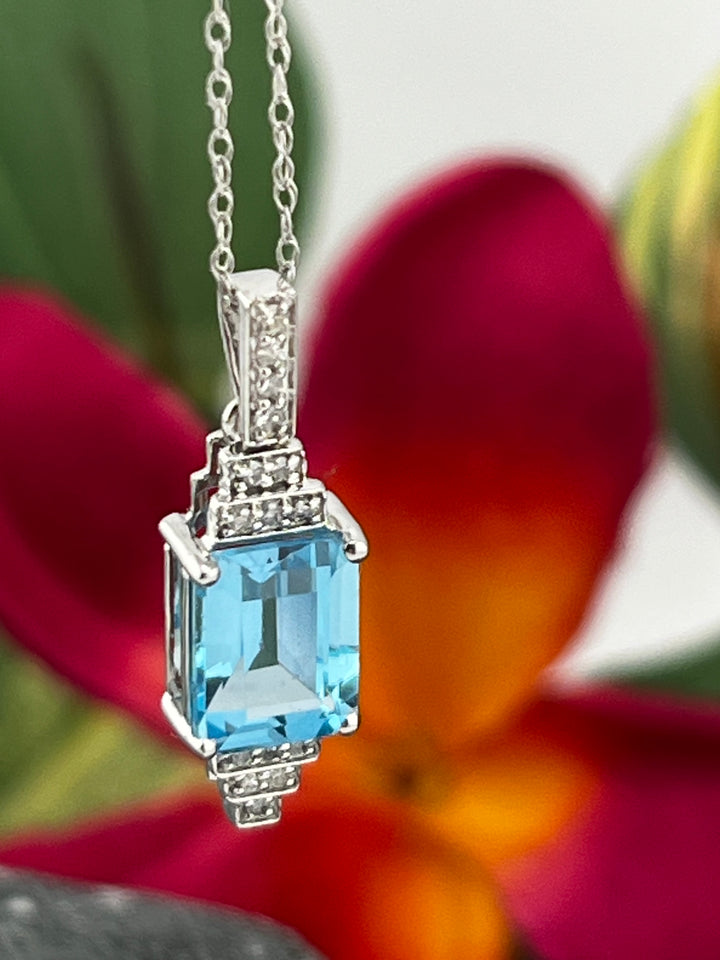 10K White Gold Blue Topaz and Diamond Necklace