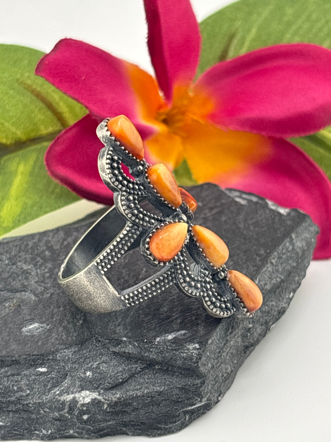 Orange Spiny Oyster Cross and 925 Sterling Silver Ring Size 10