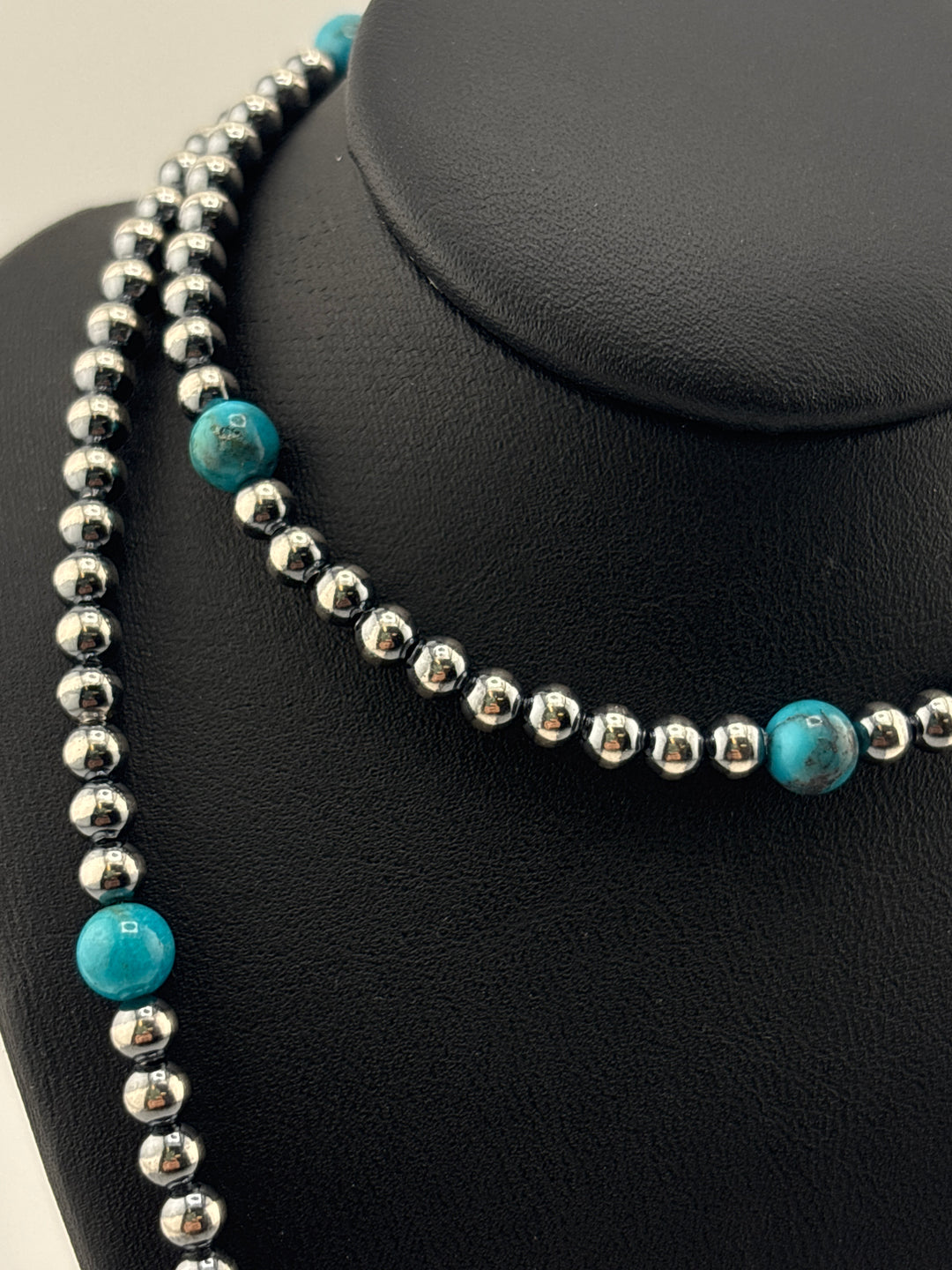 4/6mm 24" + 2" Kingman Turquoise & Oxidized 925 Sterling Silver Bead Necklace