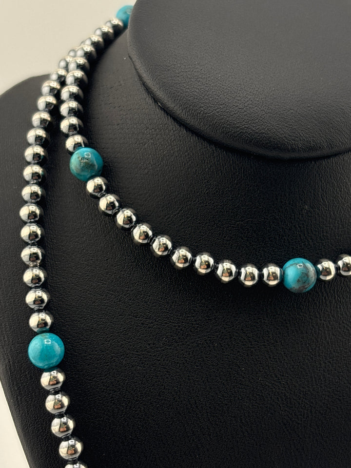 4/6mm 24" + 2" Kingman Turquoise & Oxidized 925 Sterling Silver Bead Necklace