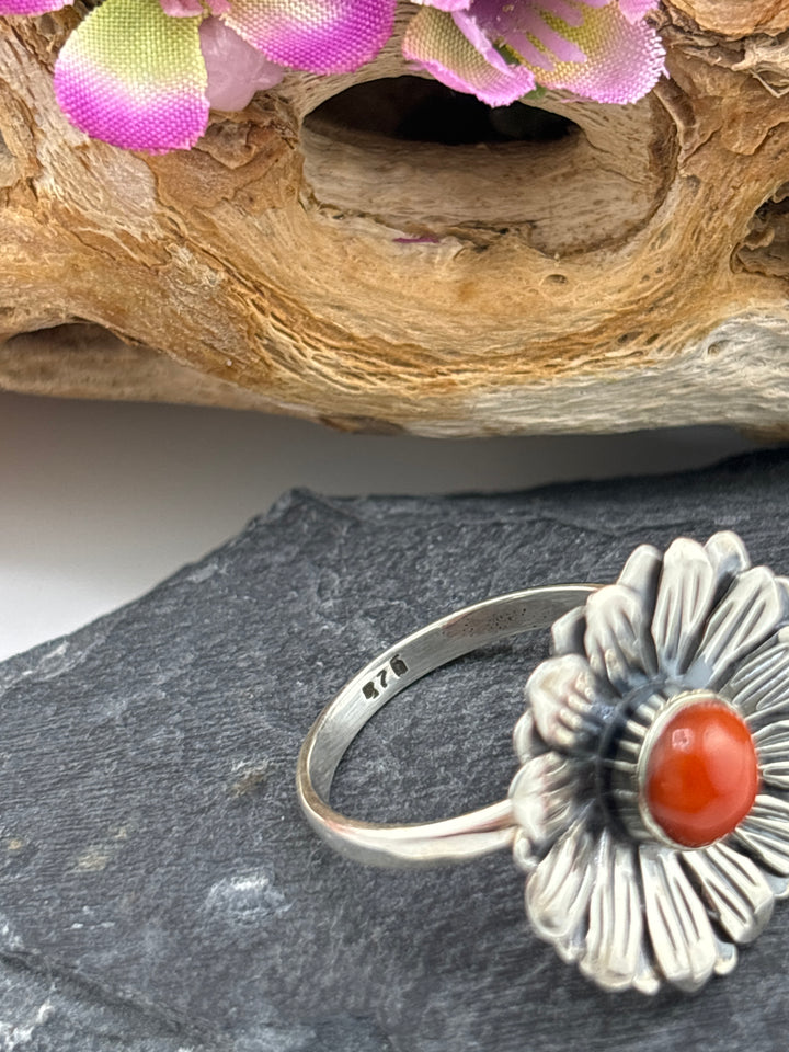 Italian Red Coral Flower Ring Size 9 1/4