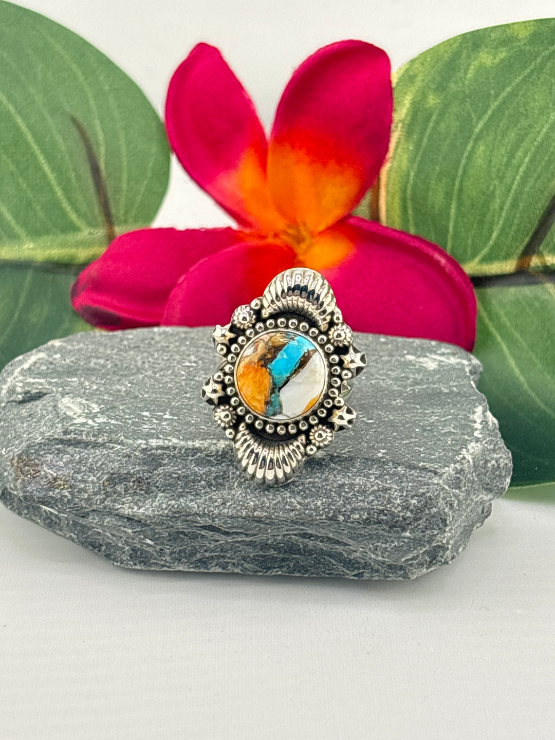 Spiny Oyster Copper Turquoise Ring Size 7
