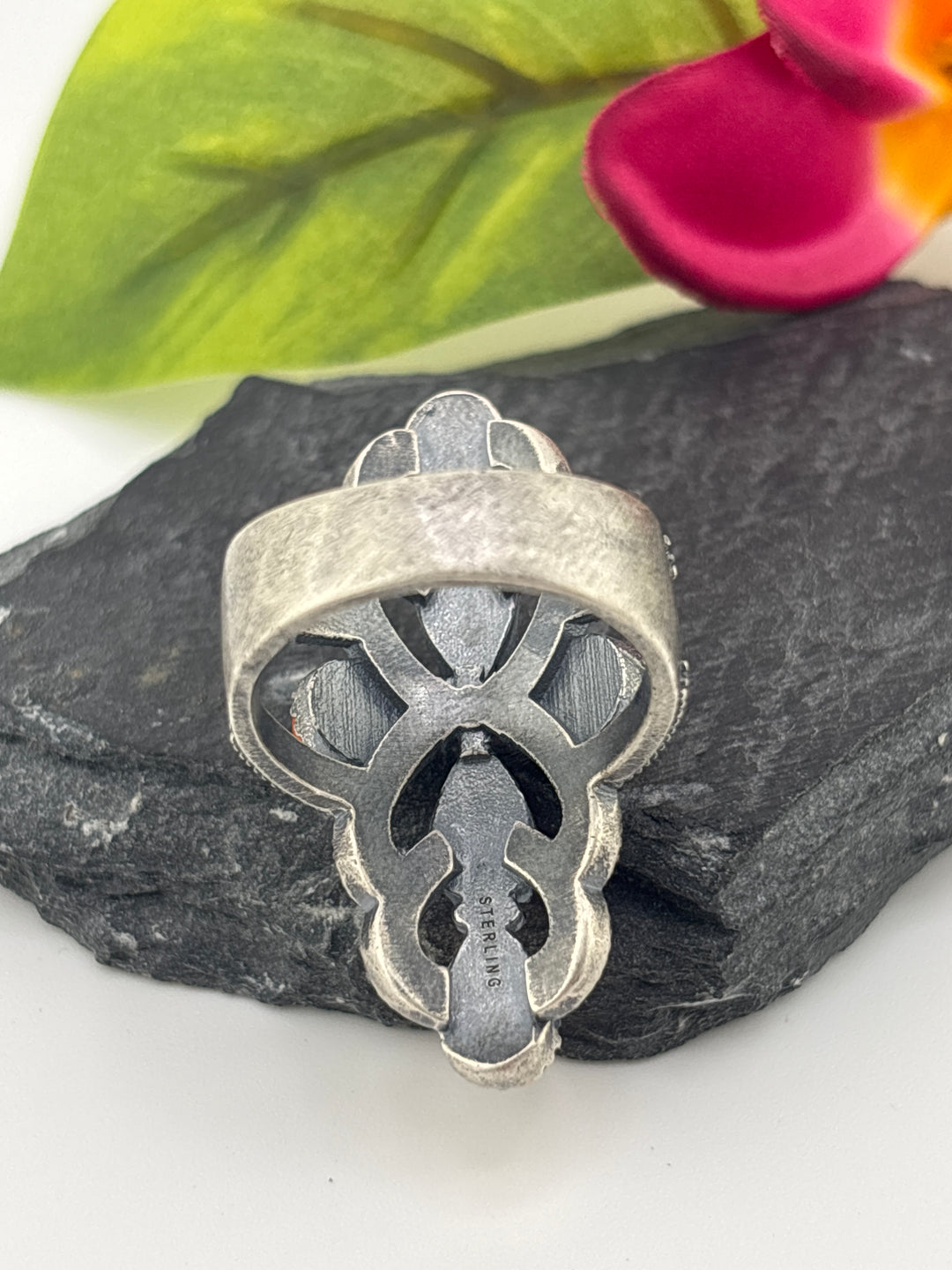 Orange Spiny Oyster Cross and 925 Sterling Silver Ring Size 10