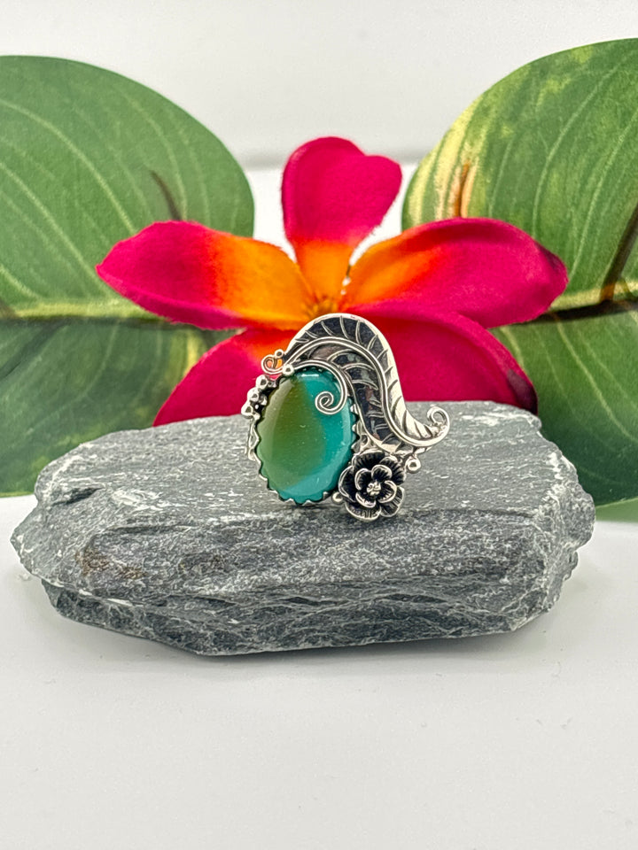 Hubei Turquoise w/Floral Design Ring Size 5 Adjustable