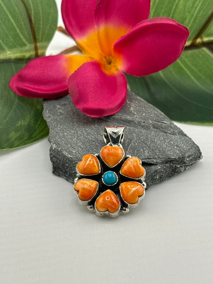 Spiny Oyster & Turquoise Heart Flower Pendant