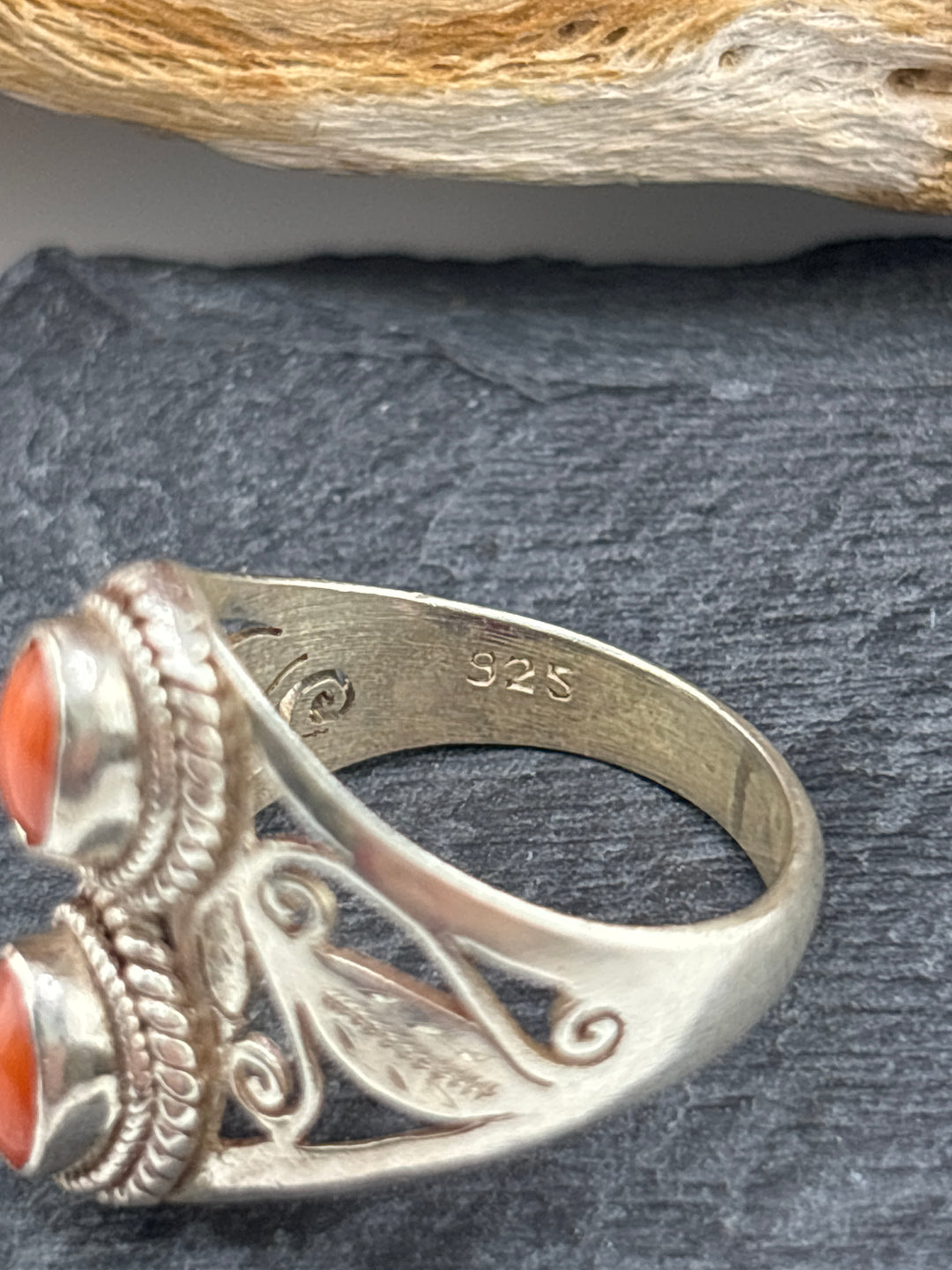 Double Italian Red Coral Ring Size 8 3/4