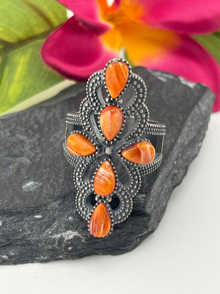 Orange Spiny Oyster Cross and 925 Sterling Silver Ring Size 10