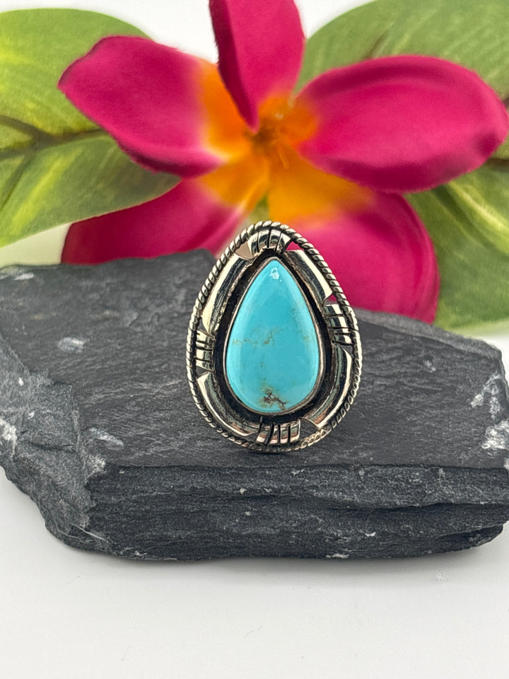 Turquoise Teardrop and 925 Sterling Silver Ring Size 7