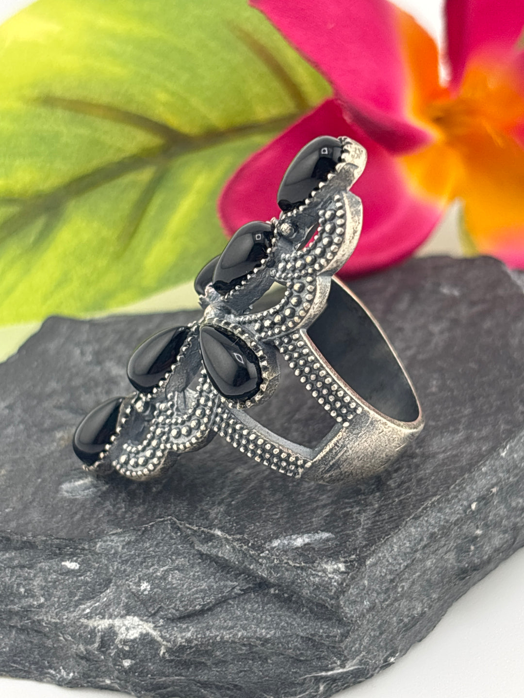 Black Onyx Cross and 925 Sterling Silver Ring Size 8