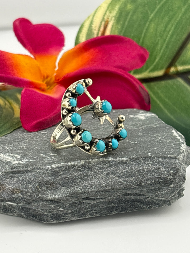 Star & Moon Turquoise Ring Size 6.25