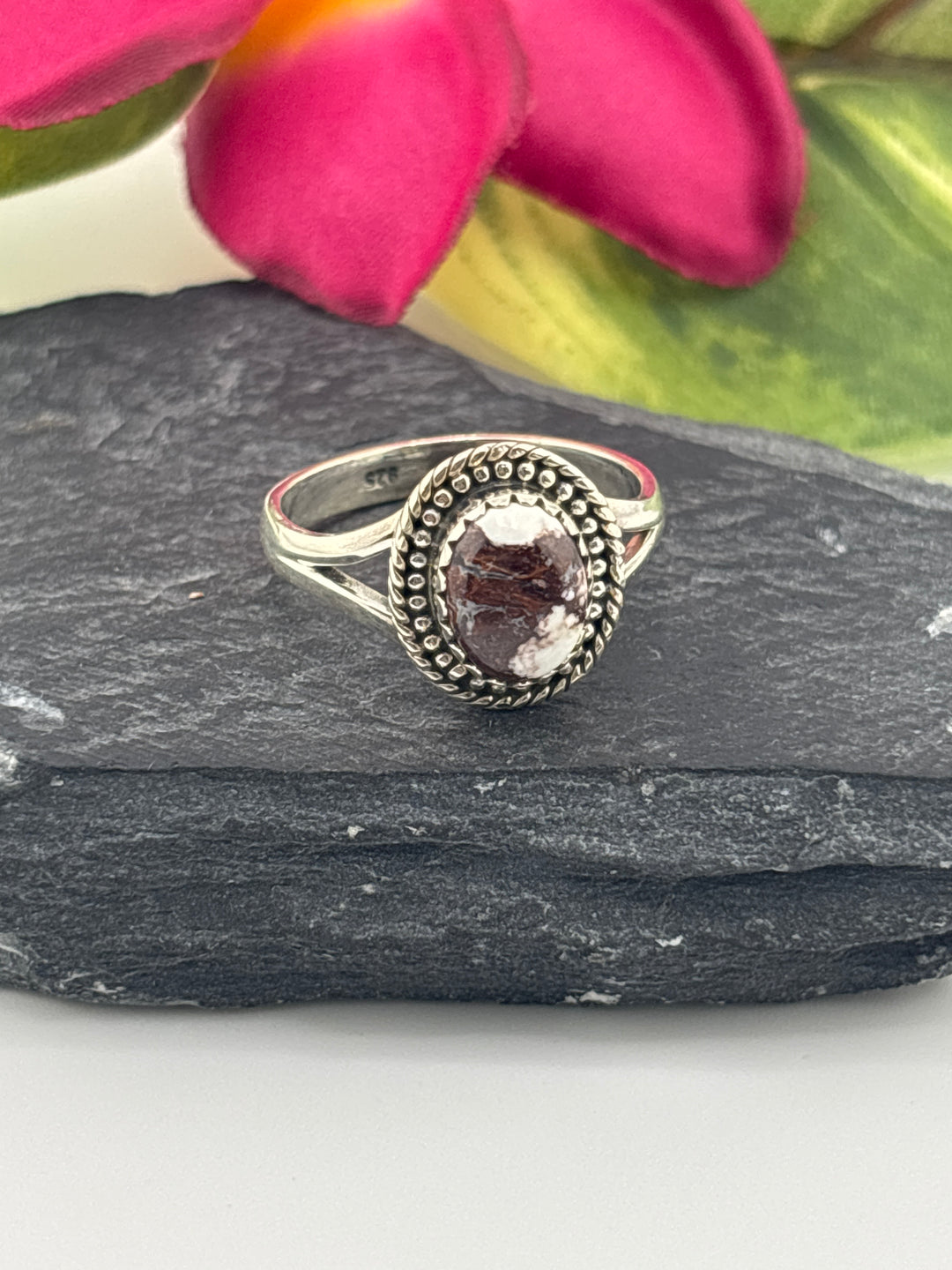 Round Wild Horse Jasper and 925 Sterling Silver Ring Size 9