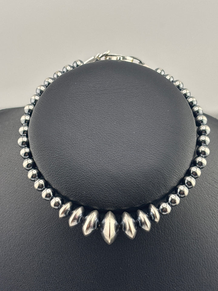 4-8mm 7"+1" Oxidized 925 Sterling Silver Bead/Saucer Bracelet