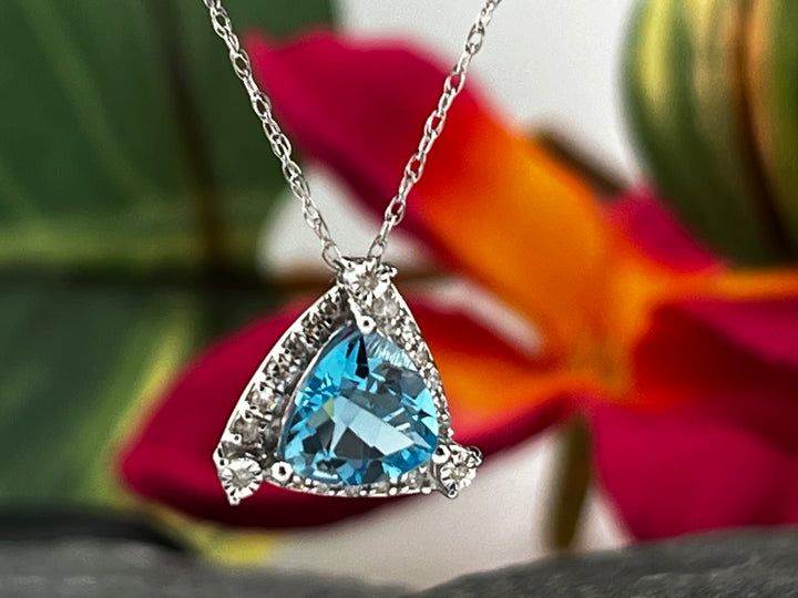 10K White Gold Blue Topaz and Diamond Necklace