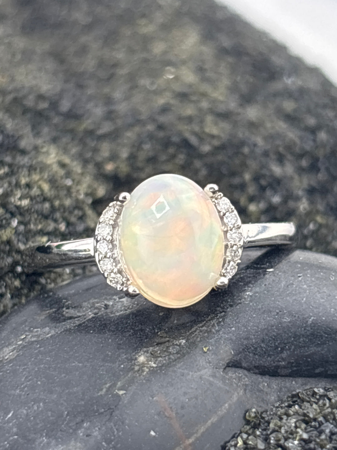 10k White Gold, Natural Diamonds and Ethiopian Opal Ring Size 6.75