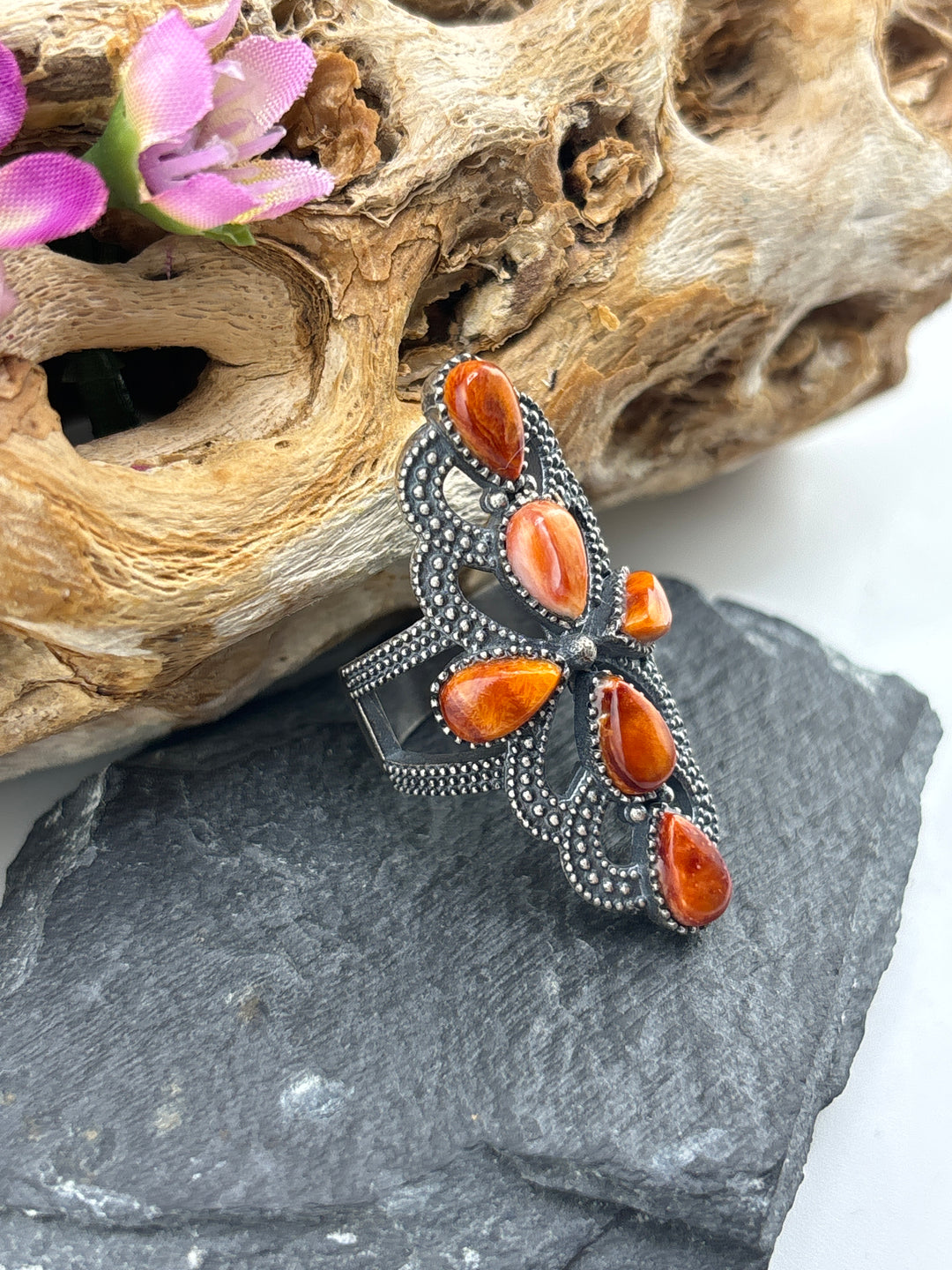 Oxidized Orange Spiny Oyster Cross Ring Size 7