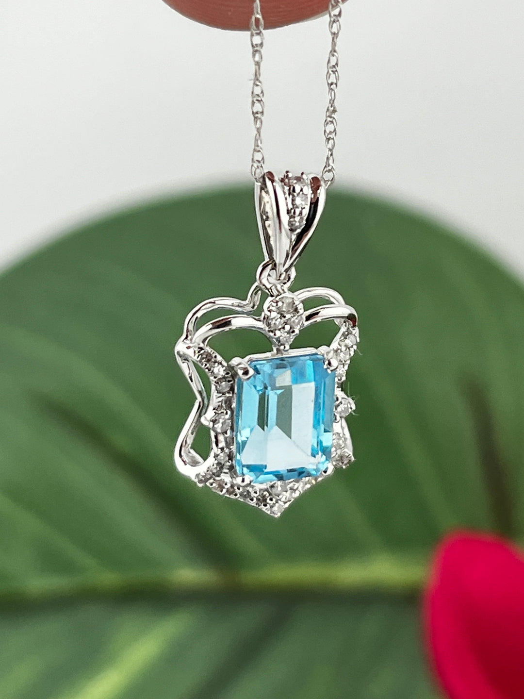 10K White Gold Blue Topaz and Diamond Necklace