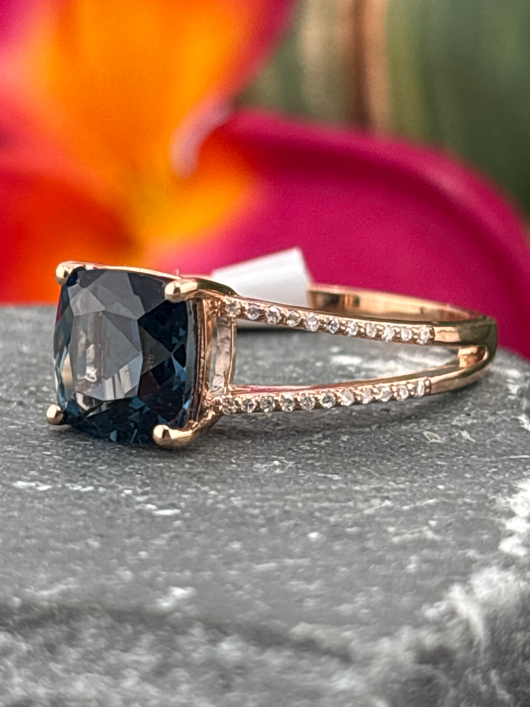 10k Rose Gold, Natural Diamonds and London Blue Topaz Ring Size 7