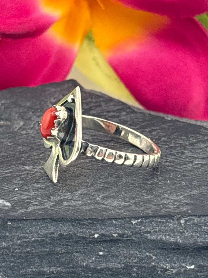 Italian Red Coral and 925 Sterling Silver Ring Size 7.25