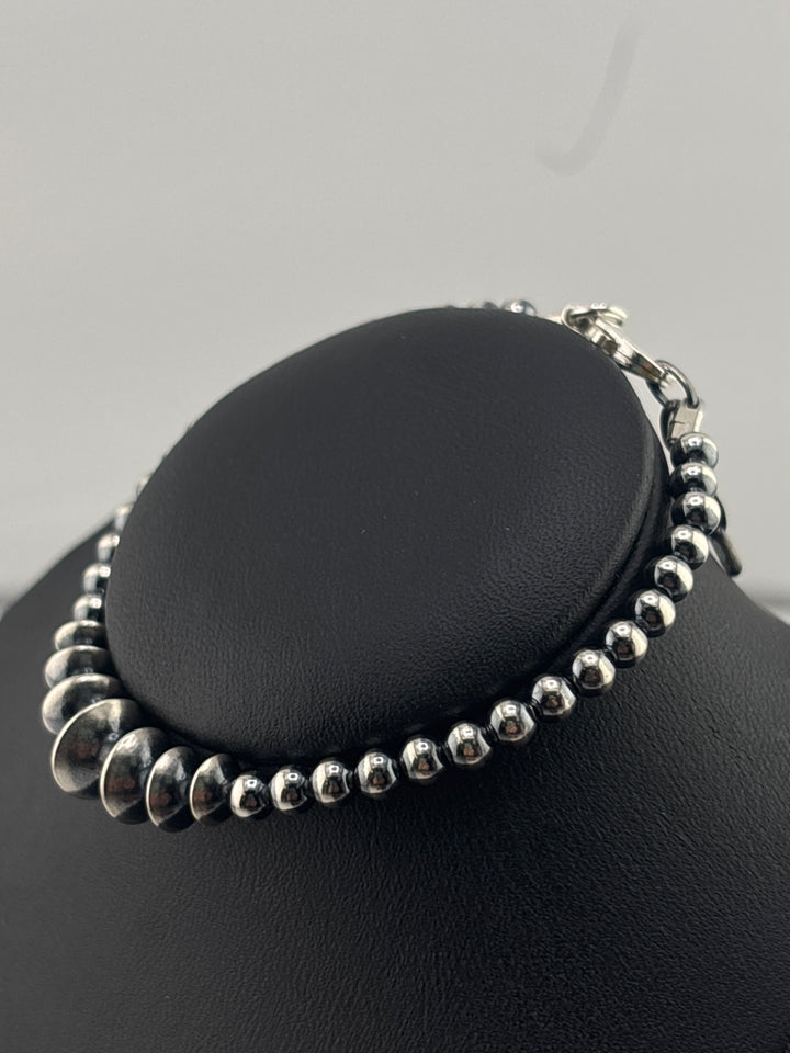 4-8mm 7"+1" Oxidized 925 Sterling Silver Bead/Saucer Bracelet