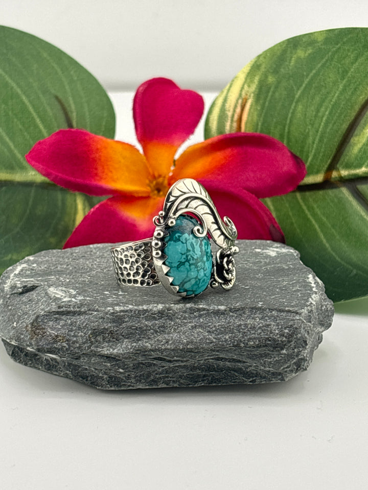 Hubei Turquoise w/Floral Design Ring Size 7 Adjustable