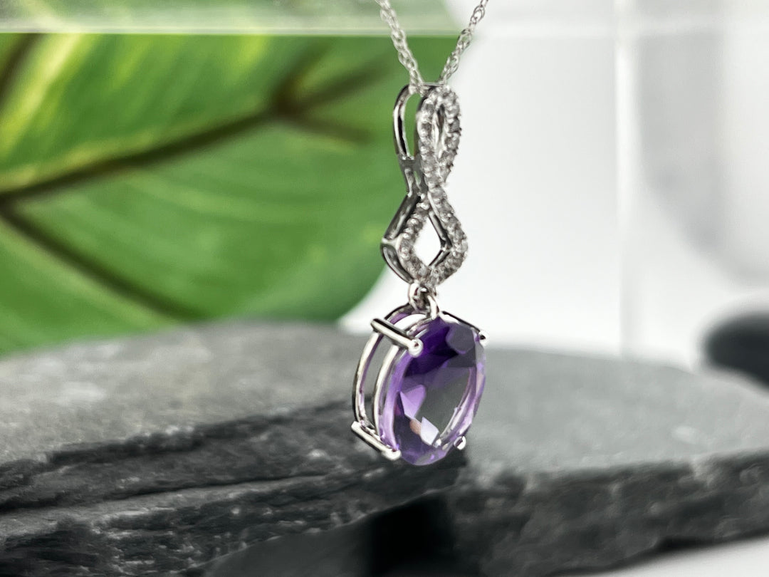 10K White Gold Amethyst and Diamond Necklace