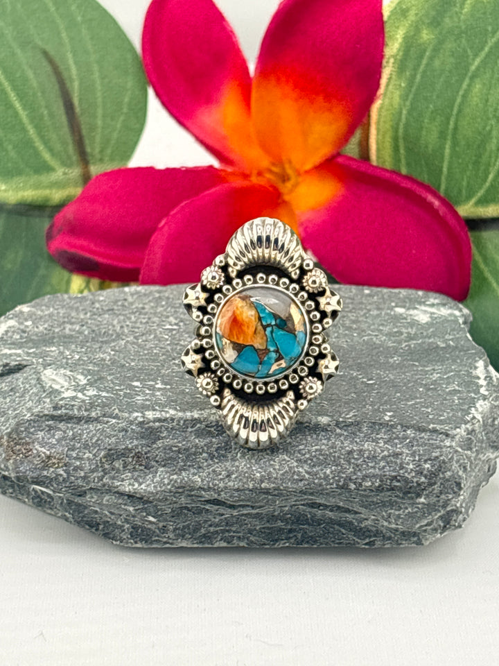 Spiny Oyster Copper Turquoise Ring Size 6