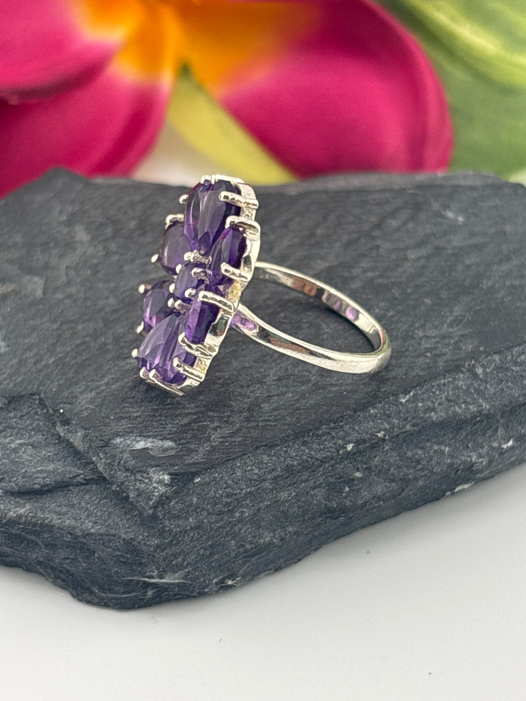 Amethyst Flower and 925 Sterling Silver Ring Size 5