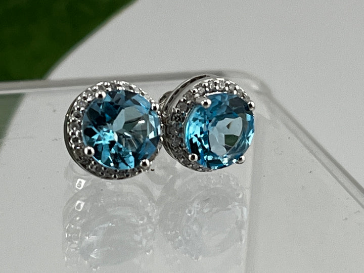 10K White Gold Blue Topaz and Diamond Earrings