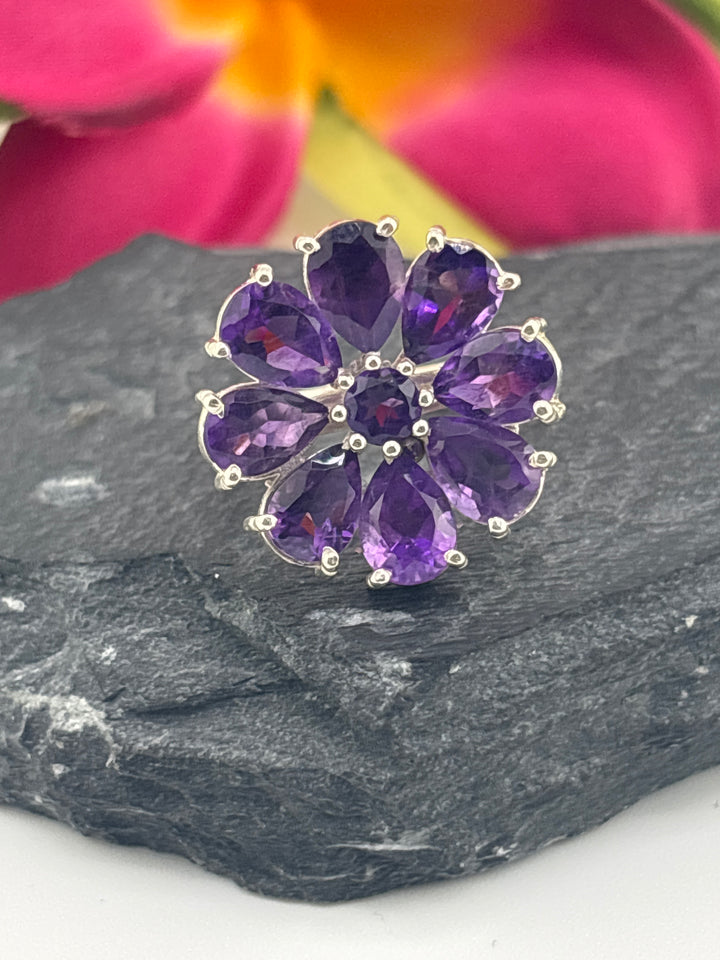 Amethyst Flower and 925 Sterling Silver Ring Size 5