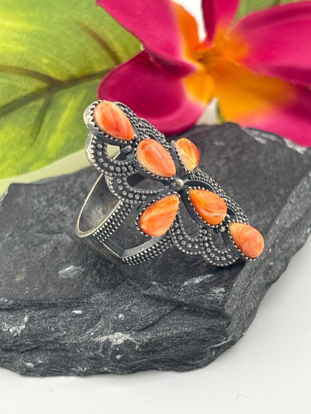 Orange Spiny Oyster Cross and 925 Sterling Silver Ring Size 10