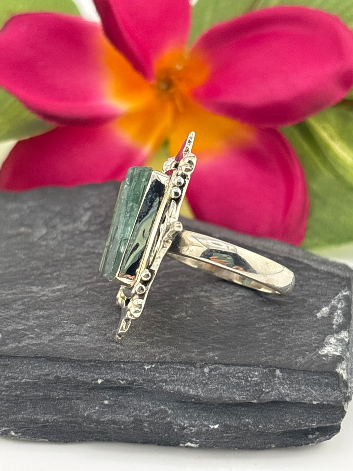 Raw Green Tourmaline and 925 Sterling Silver Ring Size 8