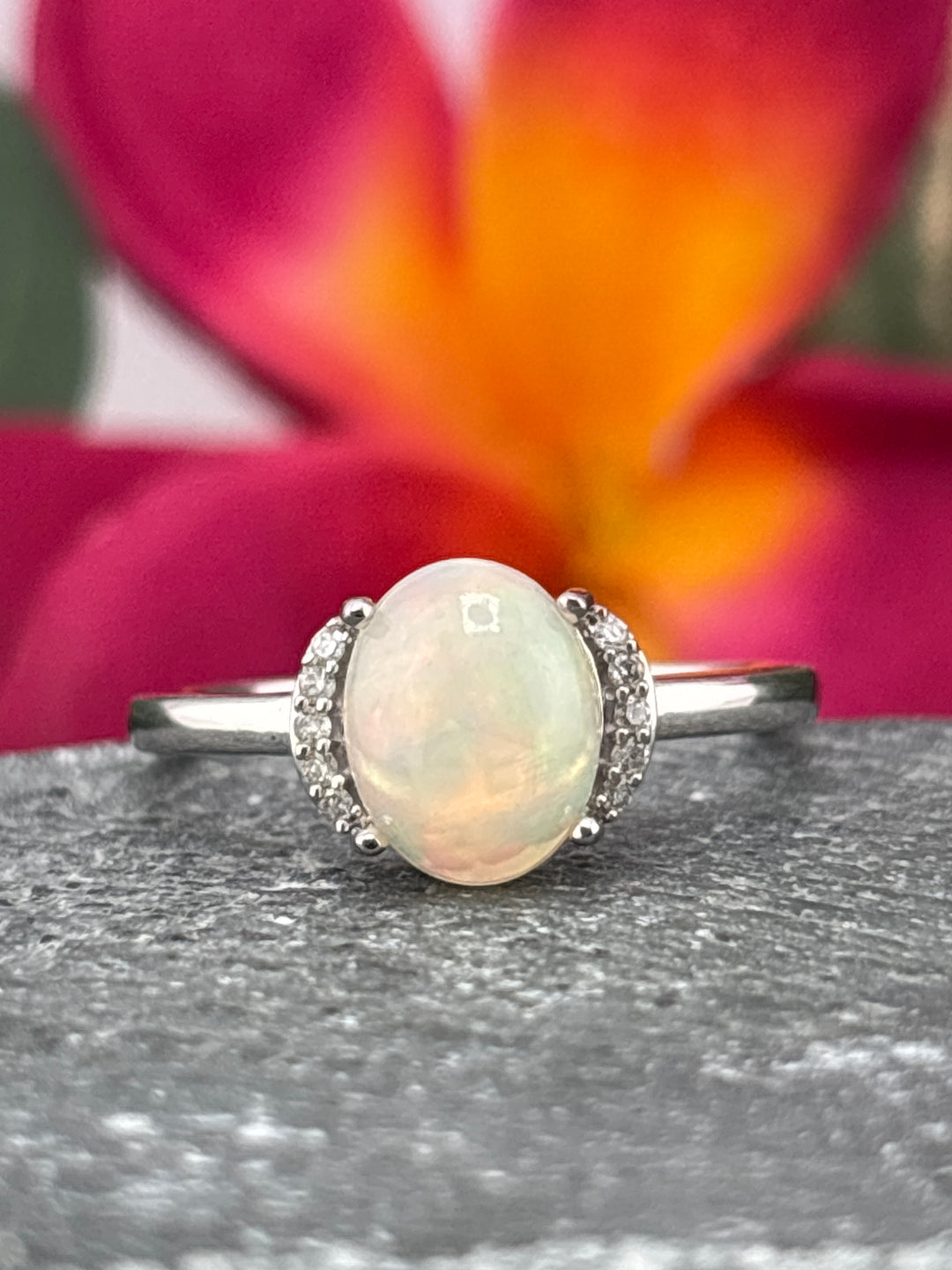 10k White Gold, Natural Diamonds and Ethiopian Opal Ring Size 6.75