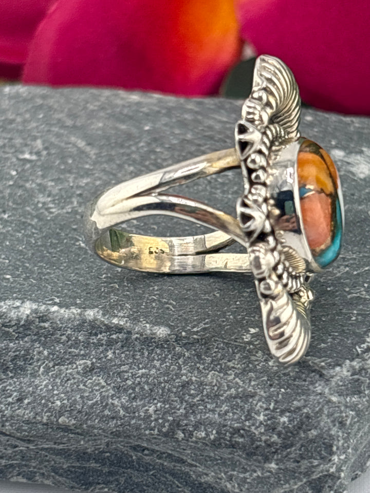 Spiny Oyster Copper Turquoise Ring Size 6