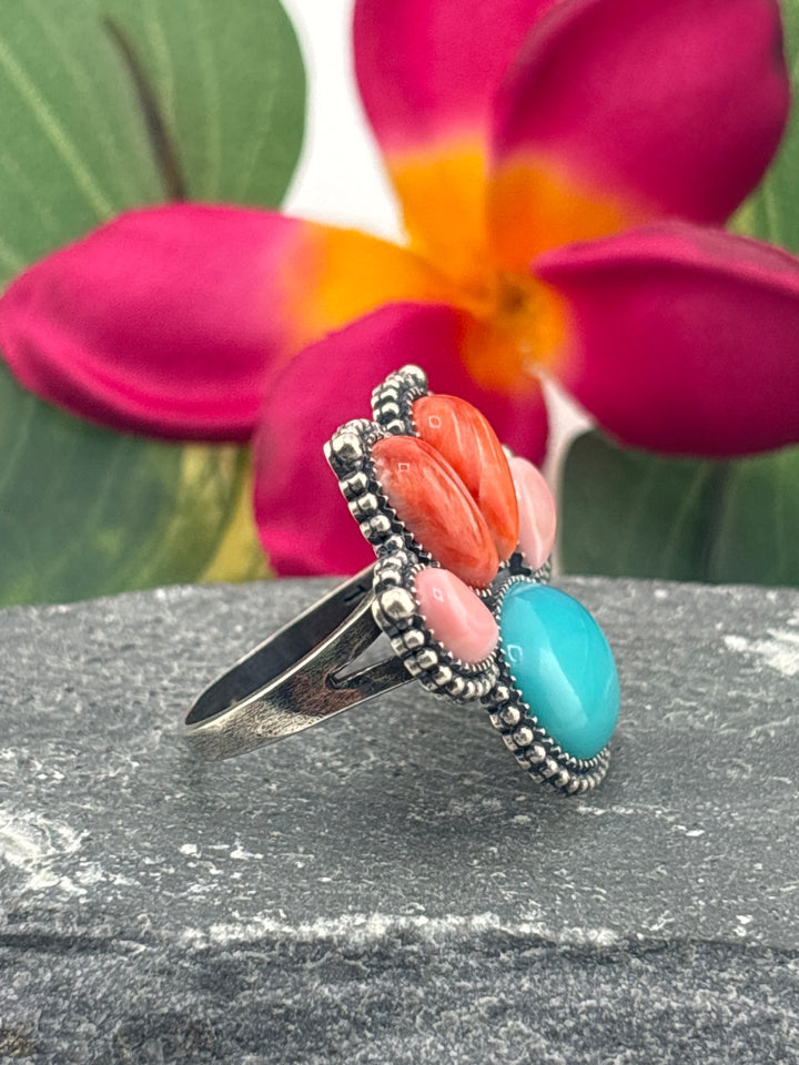 Queen conch/Turquoise/Red Spiny Oyster Paw Ring Size 10.25