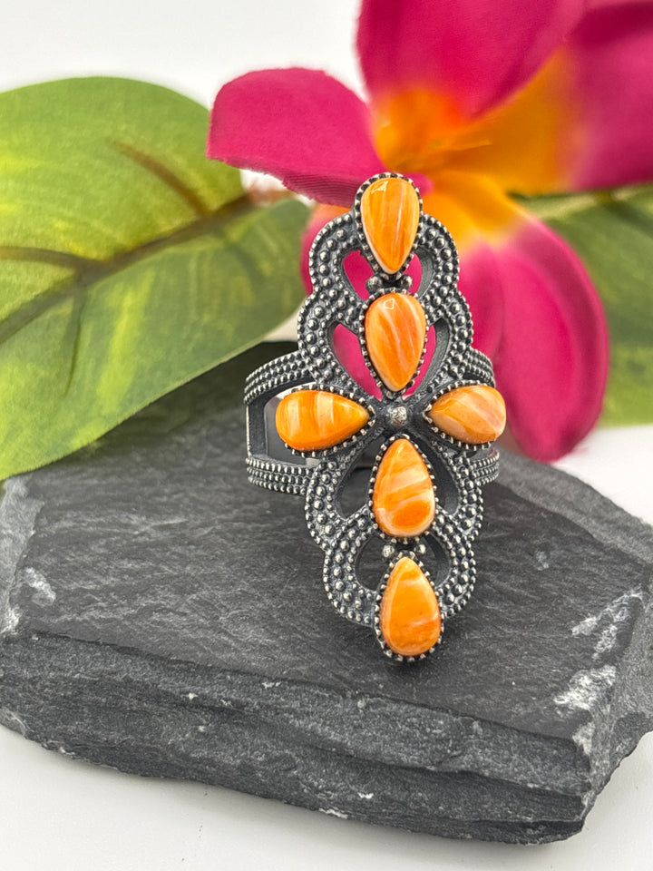 Orange Spiny oyster and 925 Sterling Silver Ring - Size 9