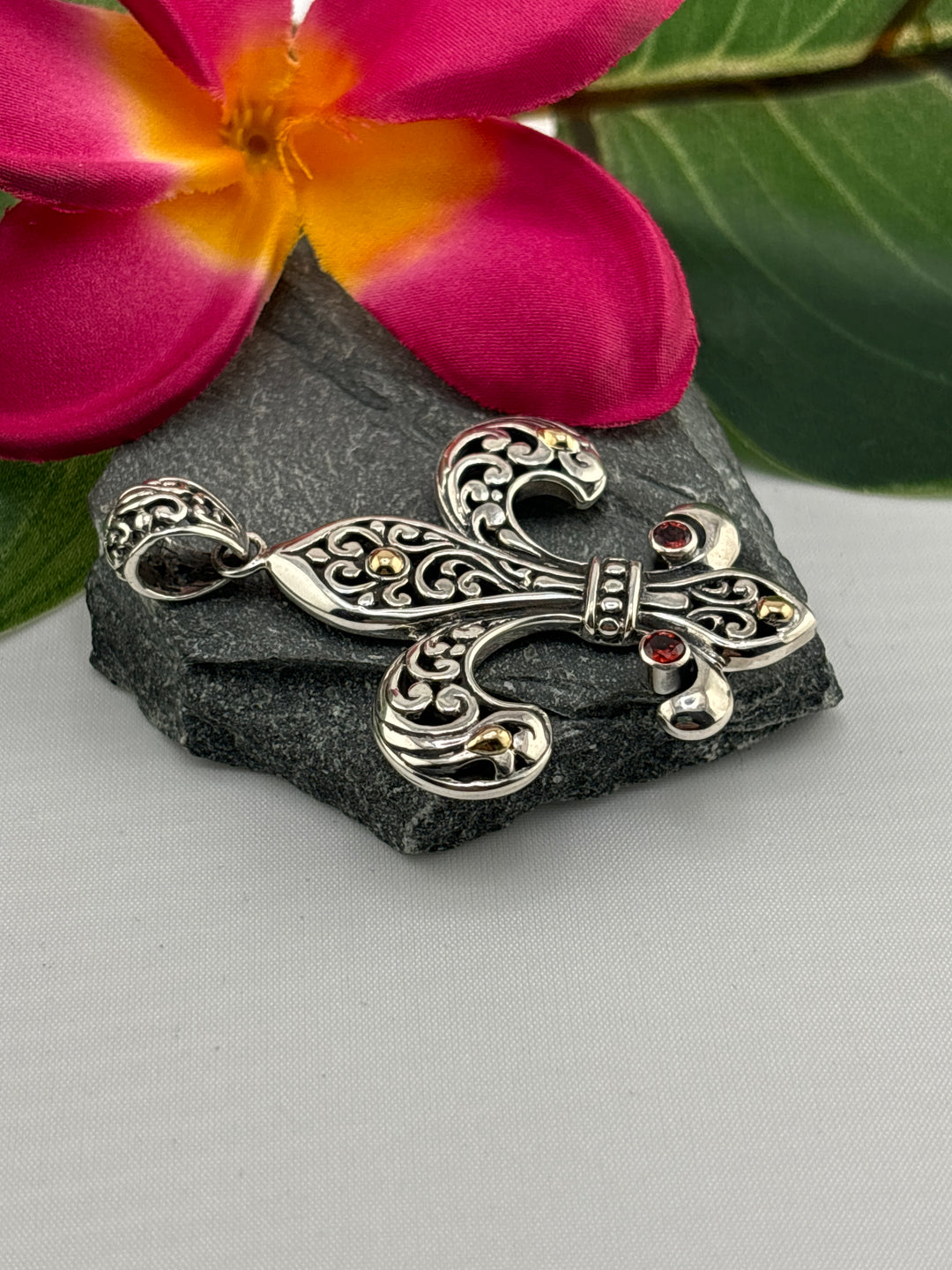 Garnet/18k accented Flour-de-lis Pendant