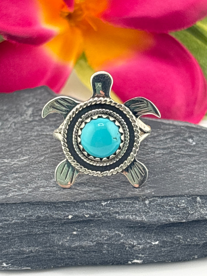 Turquoise and 925 Sterling Silver Turtle Ring Size 6.75