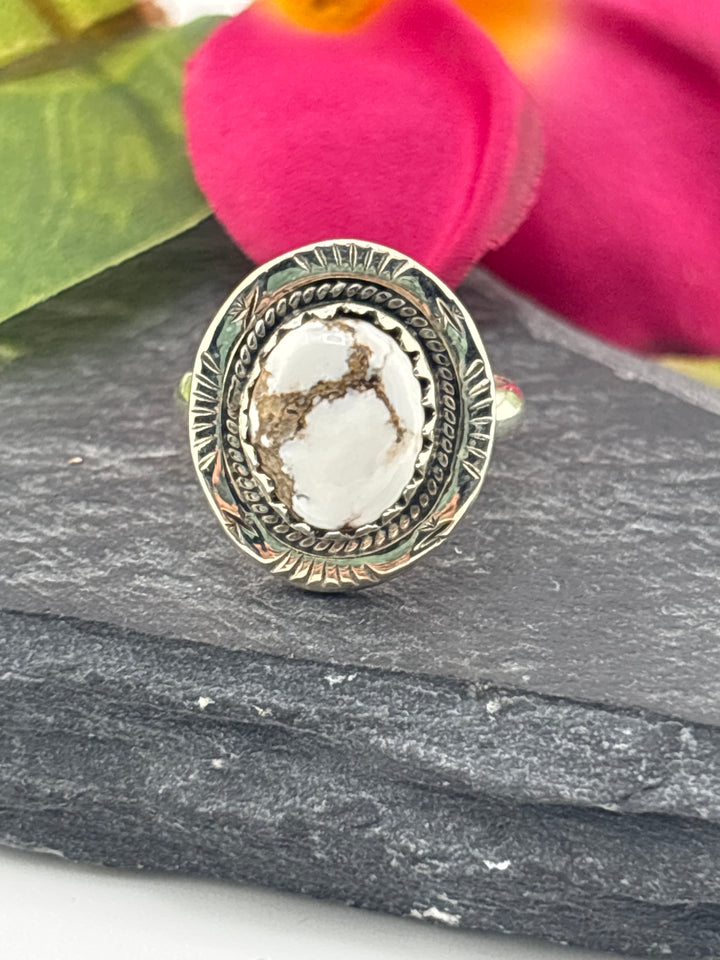 Round Wild Horse Jasper and 925 Sterling Silver Ring Size 6