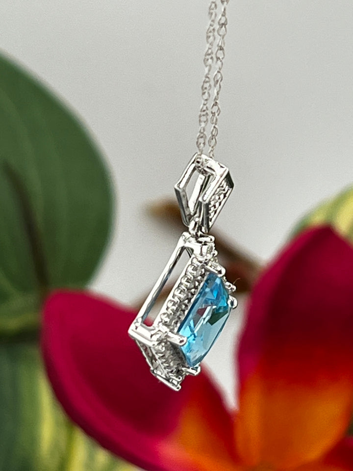 10K White Gold Blue Topaz and Diamond Necklace
